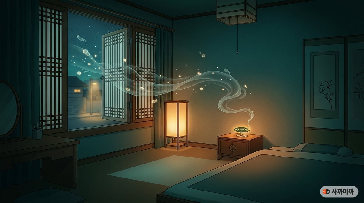 밤에 창문을 열어 환기하는 침실과 창밖으로 빠져나가는 연기