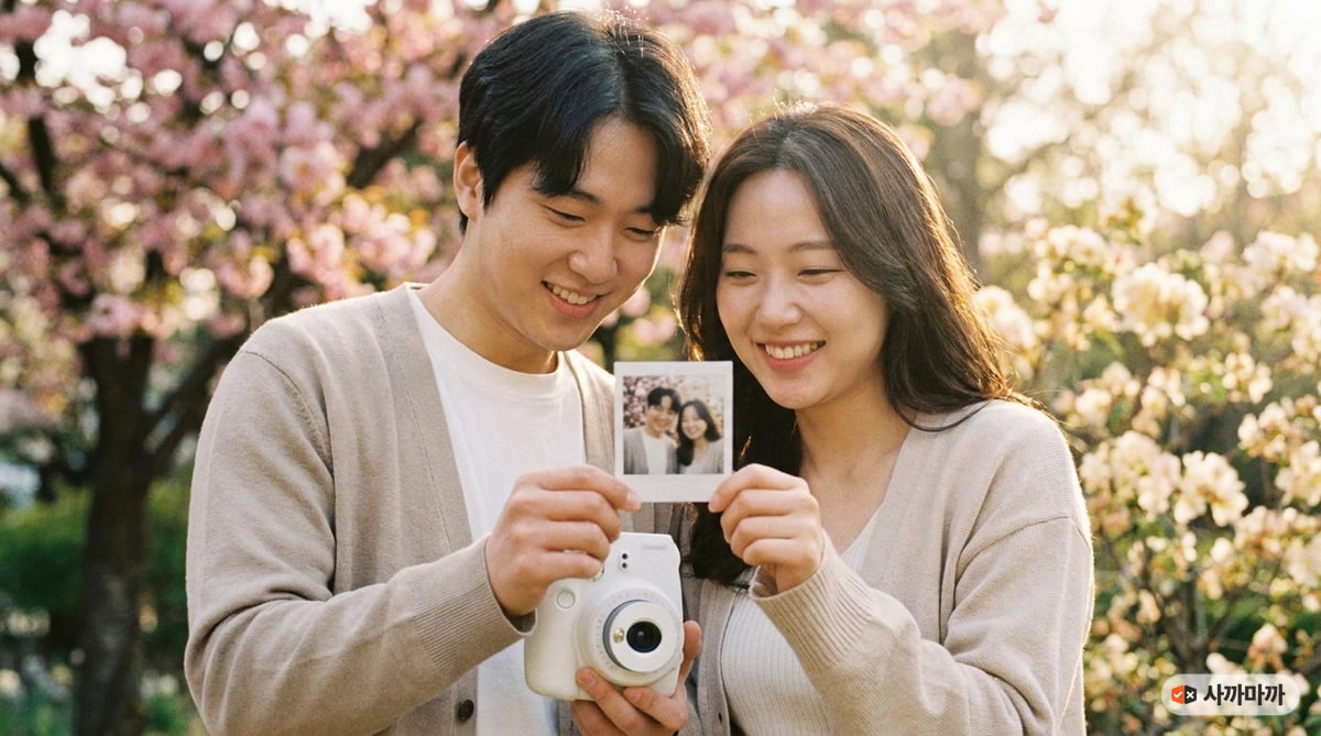 봄 여행지에서 즉석카메라로 막 찍은 사진을 함께 바라보며 웃는 한국인 커플
