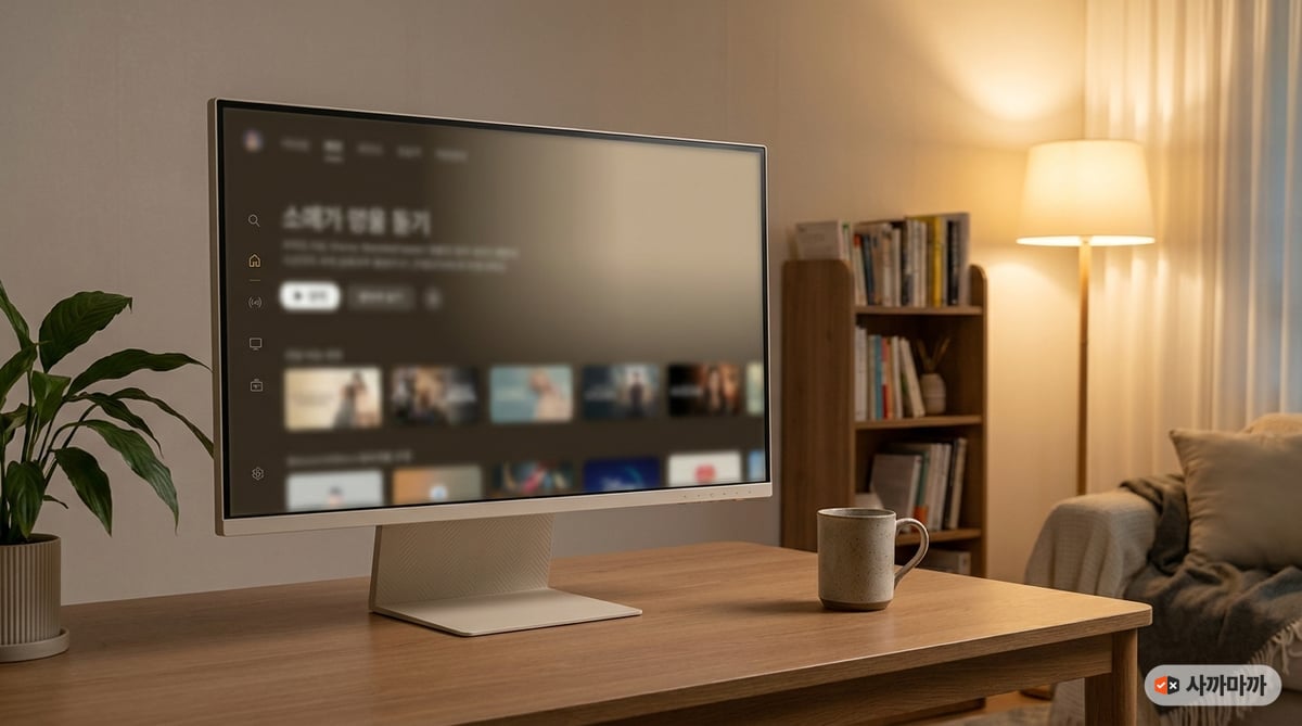 원룸 책상 위에 놓인 32인치 초슬림 스마트모니터 한 대가 모니터와 TV 역할을 겸하는 장면