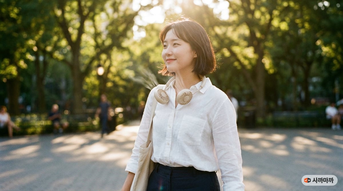 공원에서 목걸이형 핸즈프리 선풍기를 쓰고 걷는 사람