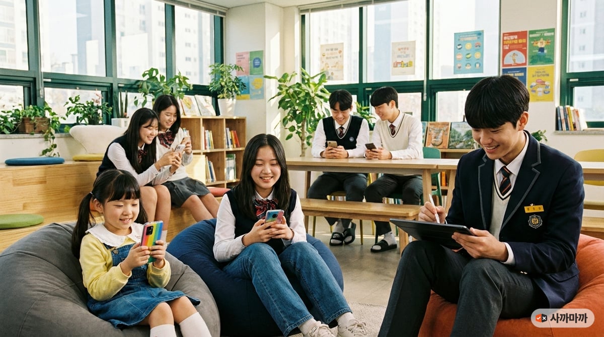 초등학생부터 고등학생까지 나이가 다른 학생들이 각자 스마트폰을 쓰는 모습