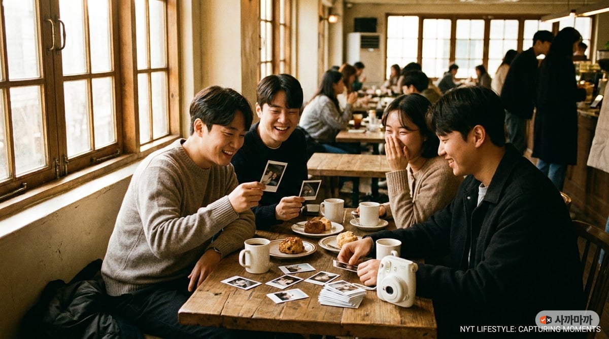 카페 테이블에 모여 앉아 즉석카메라로 찍은 사진을 서로 주고받는 친구들