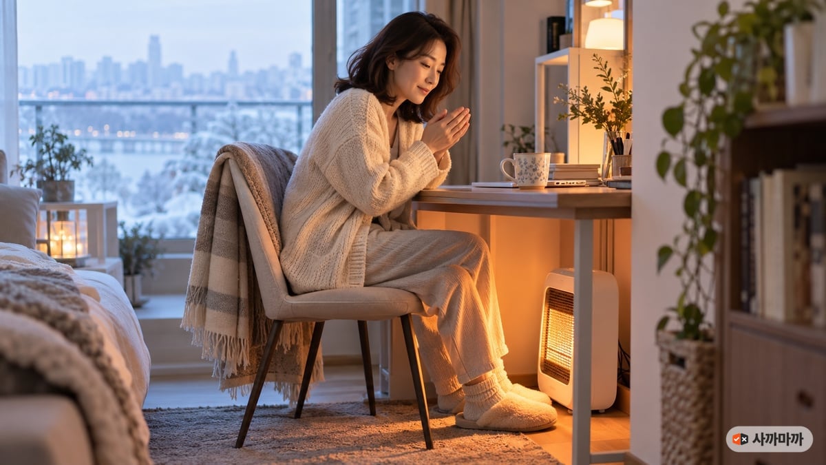 겨울 아침 창가 책상에 앉아 책상 밑 작은 전기히터에 발을 녹이며 손을 비비는 40대 한국 여성