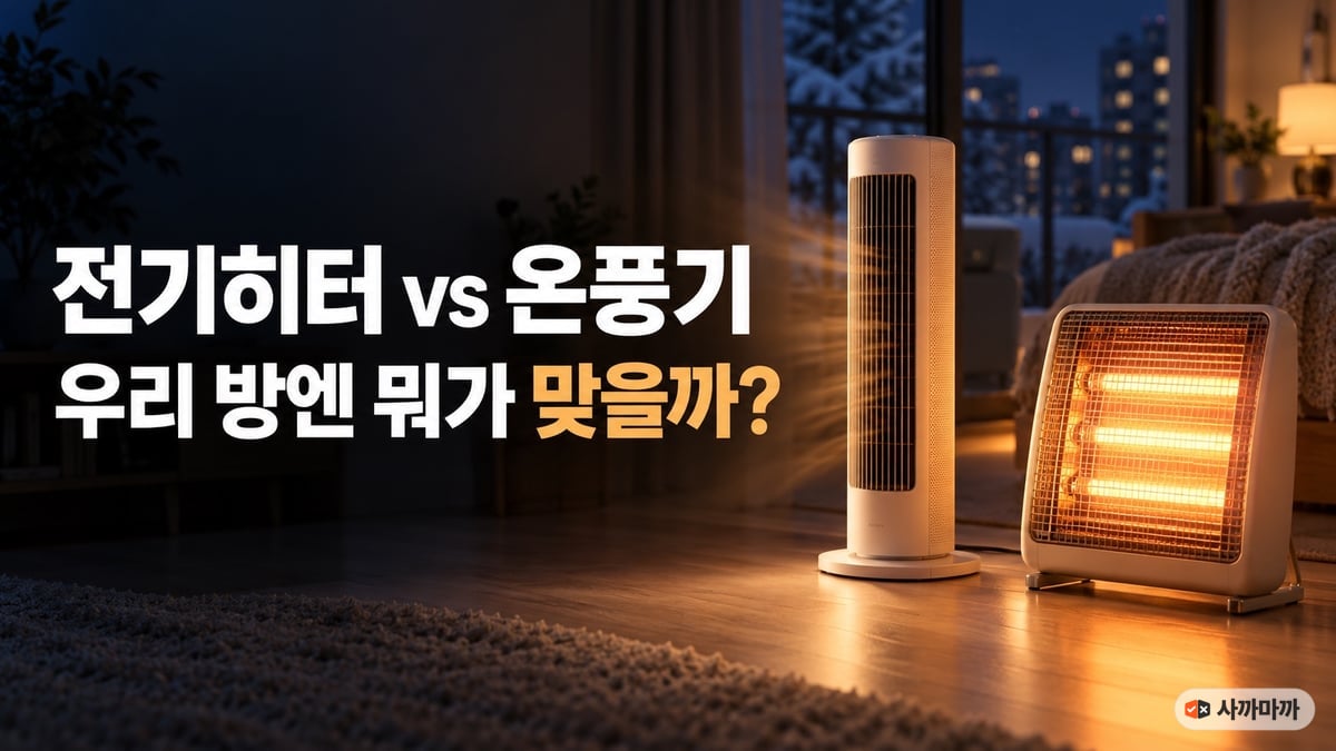 겨울밤 거실 바닥에 나란히 놓인 타워형 온풍기와 복사형 전기히터, '전기히터 vs 온풍기 우리 방엔 뭐가 맞을까?' 문구
