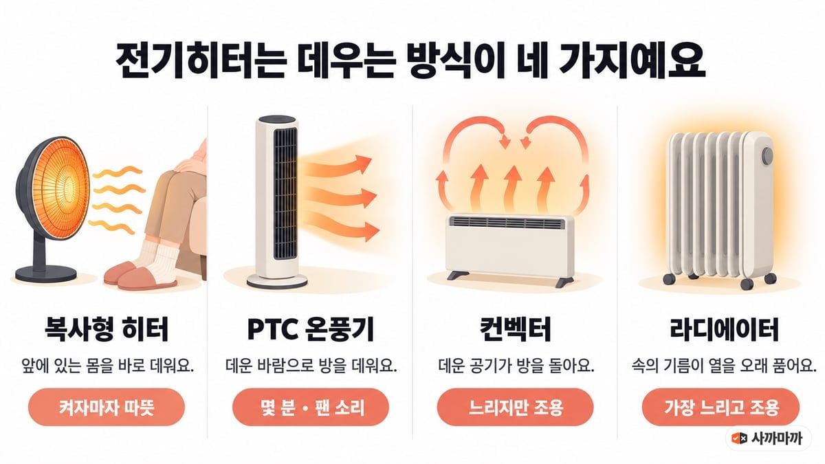 전기히터는 데우는 방식이 네 가지라는 인포그래픽. 복사형 히터는 앞에 있는 몸을 바로 데우고 켜자마자 따뜻, PTC 온풍기는 데운 바람으로 방을 데우고 몇 분·팬 소리, 컨벡터는 데운 공기가 방을 돌아 느리지만 조용, 라디에이터는 속의 기름이 열을 오래 품어 가장 느리고 조용