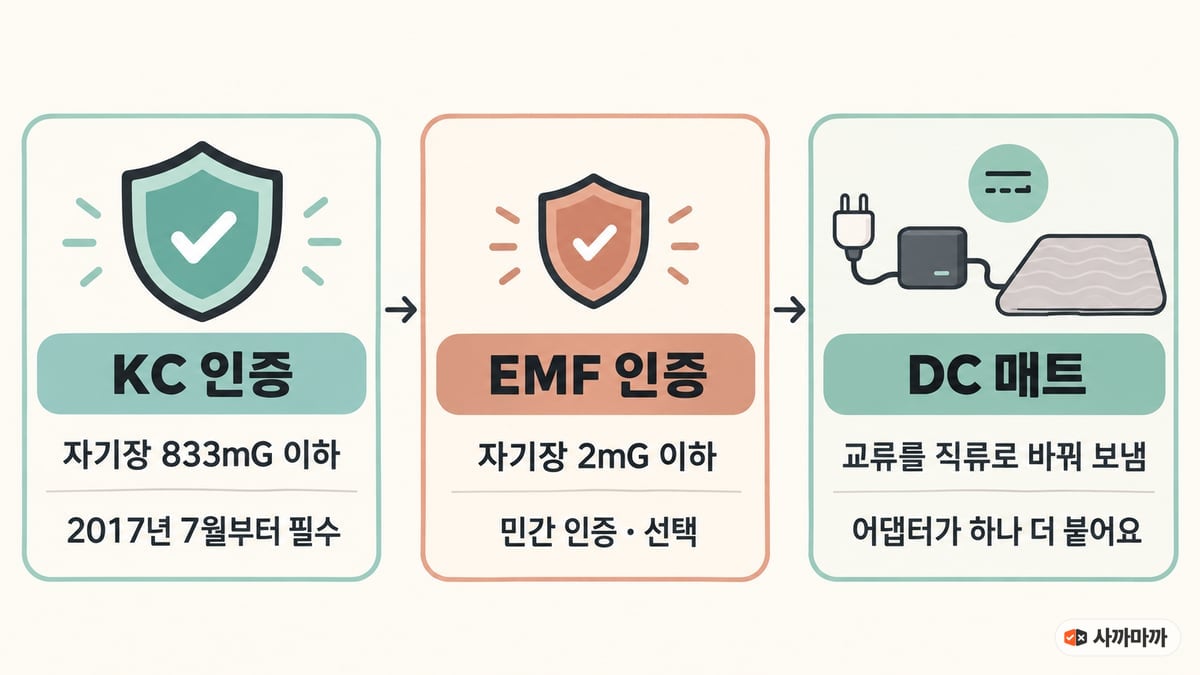 전기매트 전자파 단계 인포그래픽. KC 인증은 자기장 833mG 이하로 2017년 7월부터 필수, EMF 인증은 자기장 2mG 이하의 민간 선택 인증, DC 매트는 교류를 직류로 바꿔 보내고 어댑터가 하나 더 붙는다