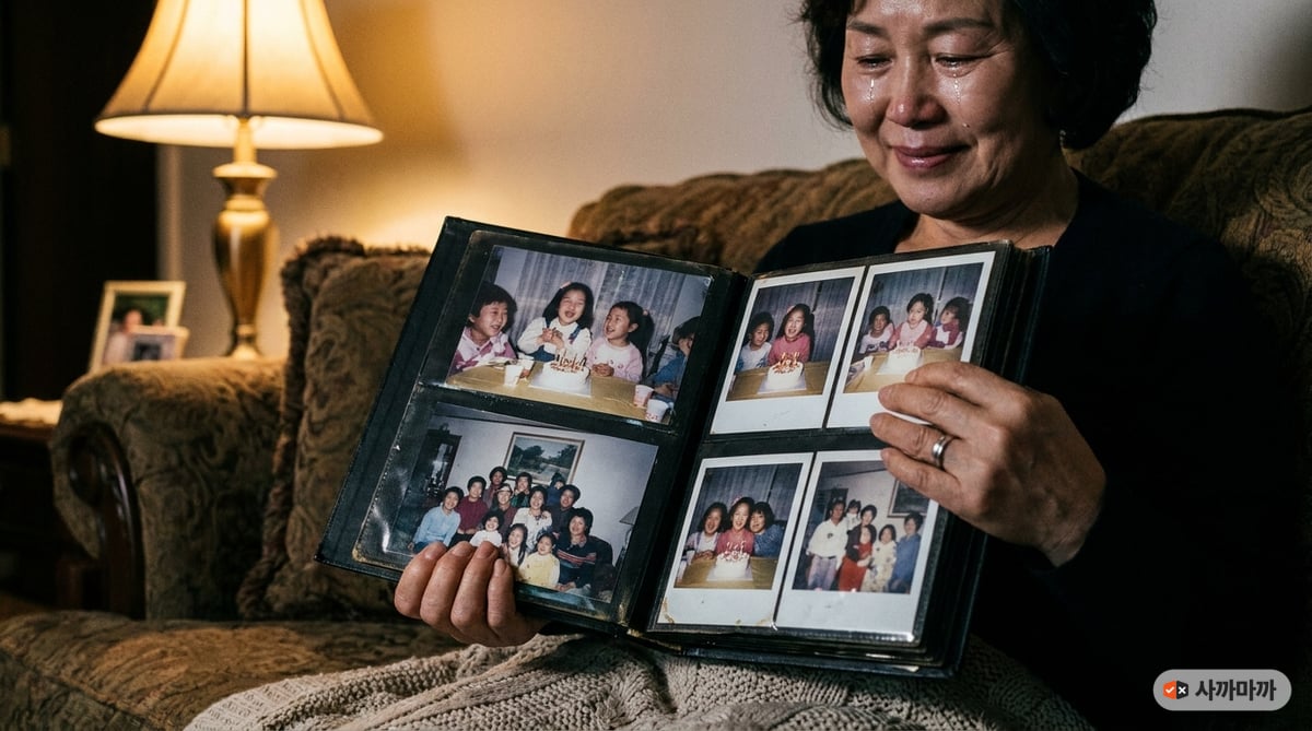 손주 사진으로 채워진 포토북을 한 장씩 넘기는 60대 엄마의 조용한 감동