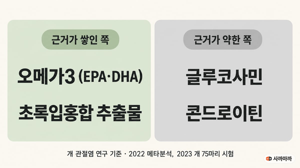 개 관절염 연구 기준 근거 비교: 근거가 쌓인 쪽 오메가3(EPA·DHA)·초록입홍합 추출물, 근거가 약한 쪽 글루코사민·콘드로이틴 (2022 메타분석, 2023 개 75마리 시험)