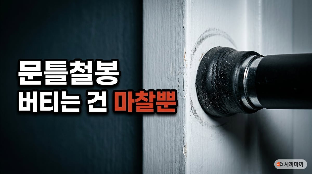 문틀철봉 끝단 고무 패드가 아파트 문틀 벽면을 강하게 누르고 있고 주변에 압력 자국이 남은 접사 사진