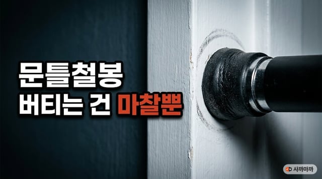 문틀철봉 끝단 고무 패드가 아파트 문틀 벽면을 강하게 누르고 있고 주변에 압력 자국이 남은 접사 사진