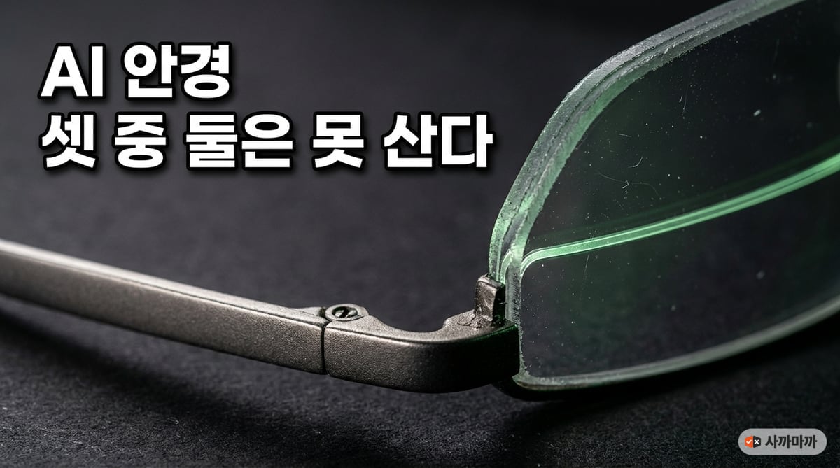 안경 렌즈 단면을 극단적으로 확대한 사진. 투명한 렌즈 안에 박힌 얇은 도파관 층이 녹색 빛을 머금고 있다