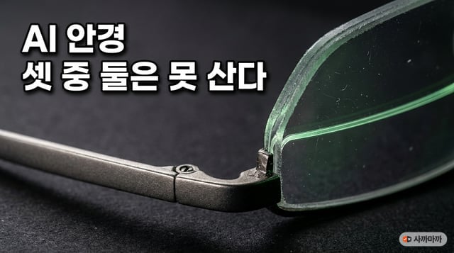 안경 렌즈 단면을 극단적으로 확대한 사진. 투명한 렌즈 안에 박힌 얇은 도파관 층이 녹색 빛을 머금고 있다