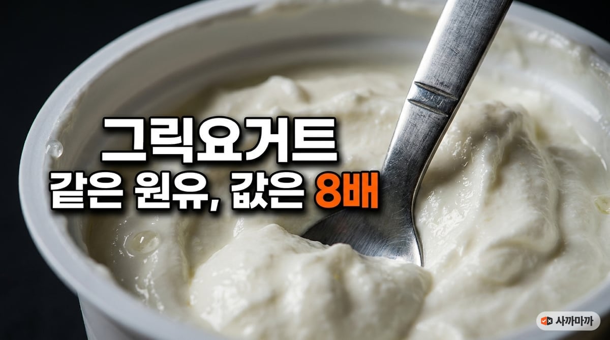 숟가락이 꽂힌 채 서 있을 만큼 되직한 그릭요거트를 가까이서 찍은 썸네일. 같은 원유인데 값은 8배라는 문구