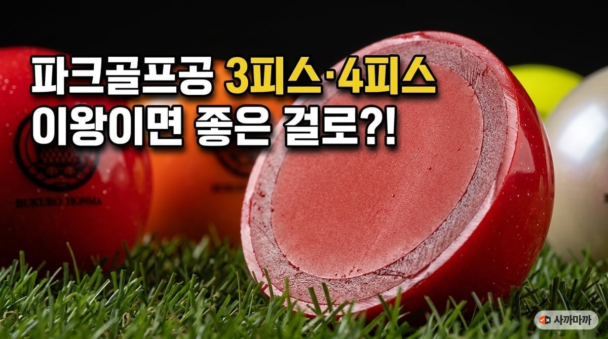 잔디 위 빨강·주황·노랑 파크골프공과 반으로 잘라 속 겹이 보이는 공
