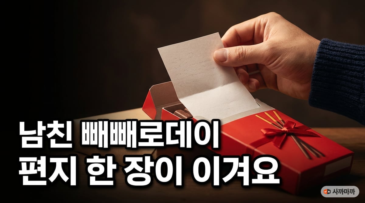 빼빼로 상자에서 손편지를 꺼내는 남자의 손 클로즈업
