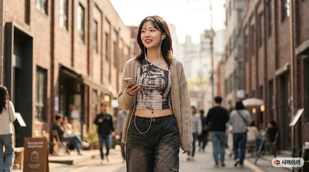 Fashion editorial photograph of a stylish Korean woman in her early 20s walking on a trendy Seoul st