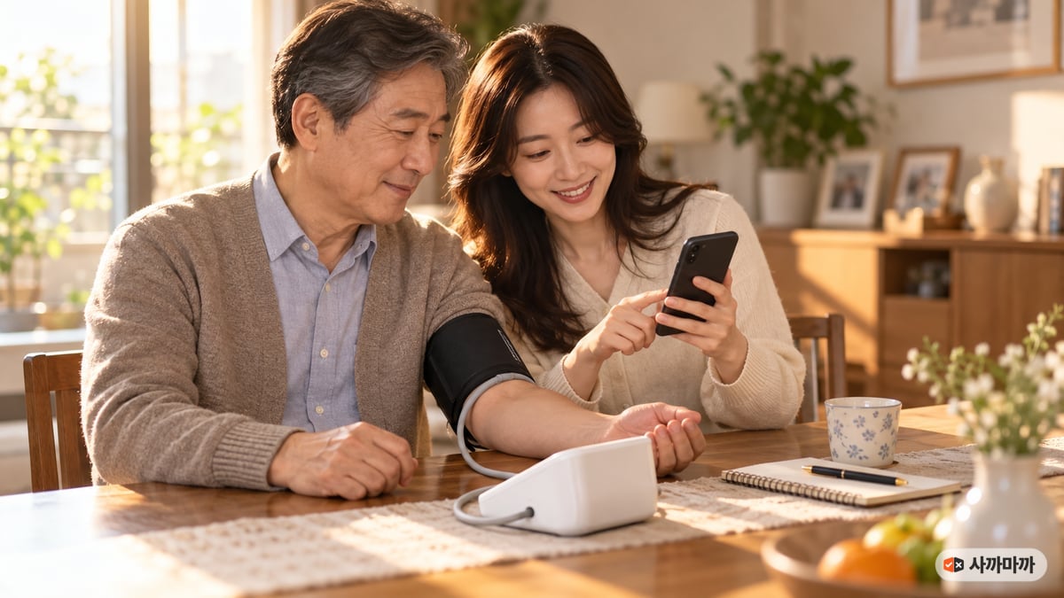 아침 식탁에서 60대 아버지가 위팔에 혈압계 커프를 감고 앉아 있고 30대 딸이 휴대폰으로 기록을 함께 보는 장면