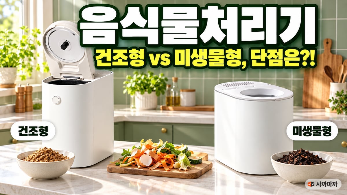 주방 카운터 위 건조형과 미생물형 음식물처리기와 처리 결과물 비교