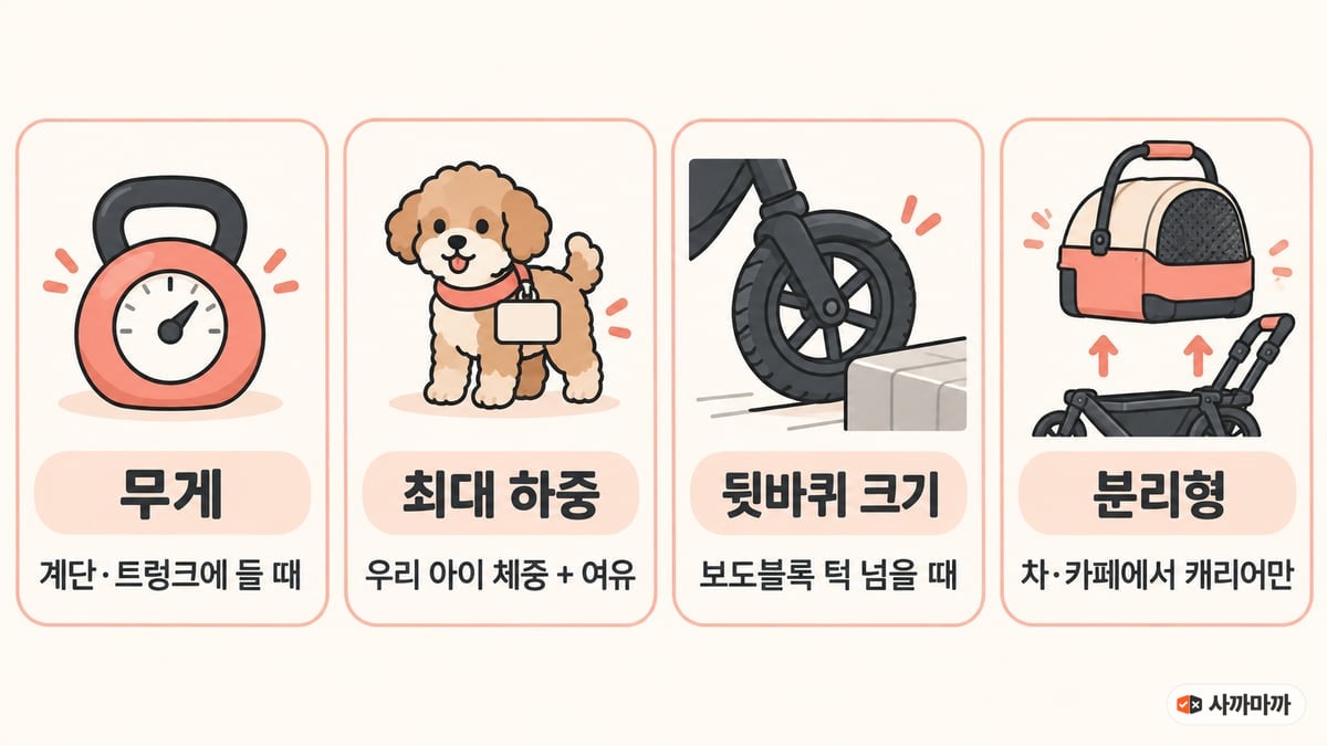 강아지 유모차 고를 때 볼 숫자 4개: 무게(계단·트렁크에 들 때), 최대 하중(우리 아이 체중 + 여유), 뒷바퀴 크기(보도블록 턱 넘을 때), 분리형(차·카페에서 캐리어만)