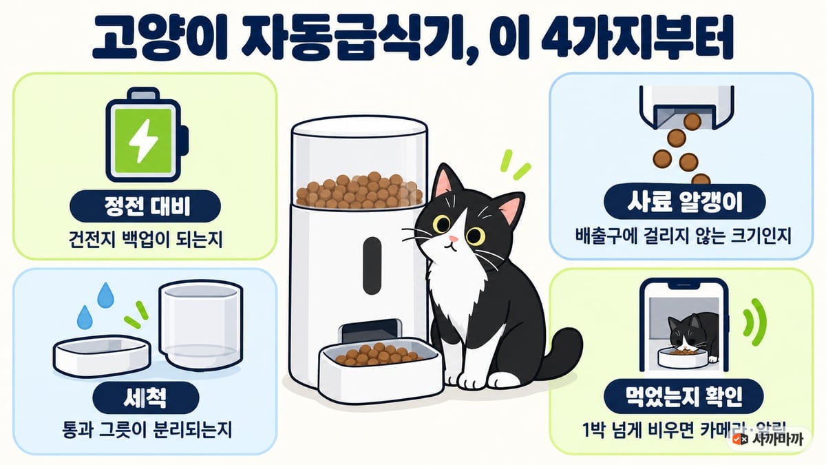 고양이 자동급식기 고를 때 볼 4가지: 정전 대비(건전지 백업이 되는지), 사료 알갱이(배출구에 걸리지 않는 크기인지), 세척(통과 그릇이 분리되는지), 먹었는지 확인(1박 넘게 비우면 카메라·알림)