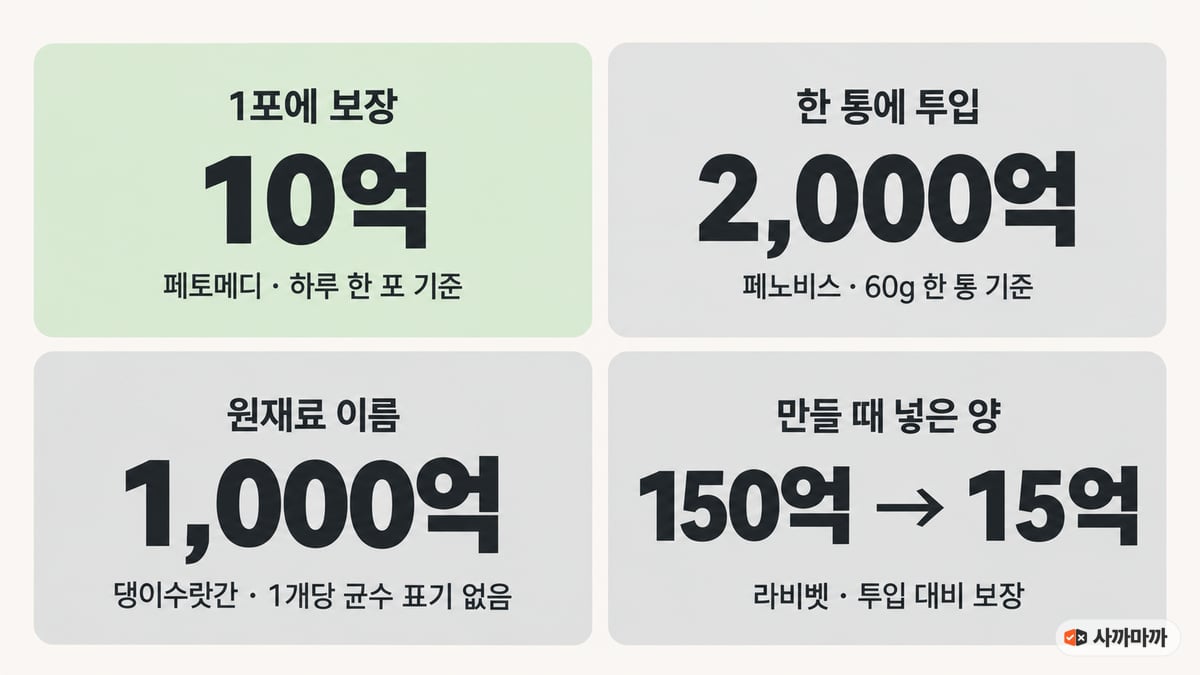 강아지 유산균 숫자의 네 가지 기준: 페토메디 1포에 보장 10억, 페노비스 60g 한 통에 투입 2,000억, 댕이수랏간 원재료 이름 1,000억(1개당 균수 표기 없음), 라비벳 투입 150억에서 보장 15억