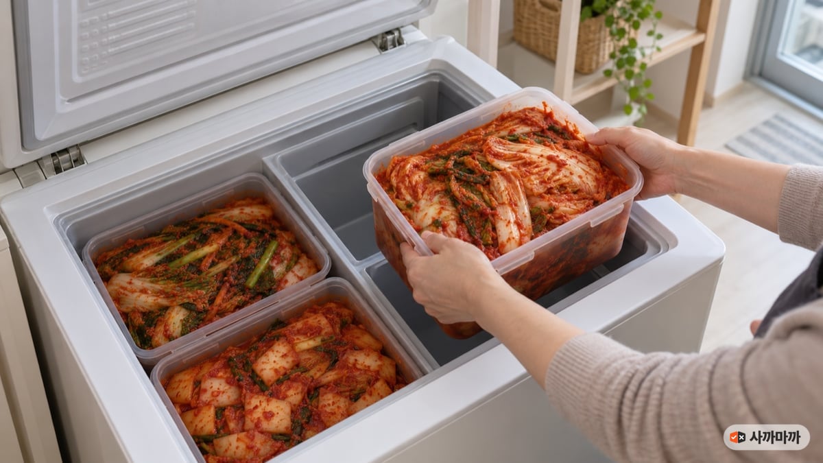 뚜껑형 김치냉장고에 김장 김치를 담은 김치통을 넣는 손