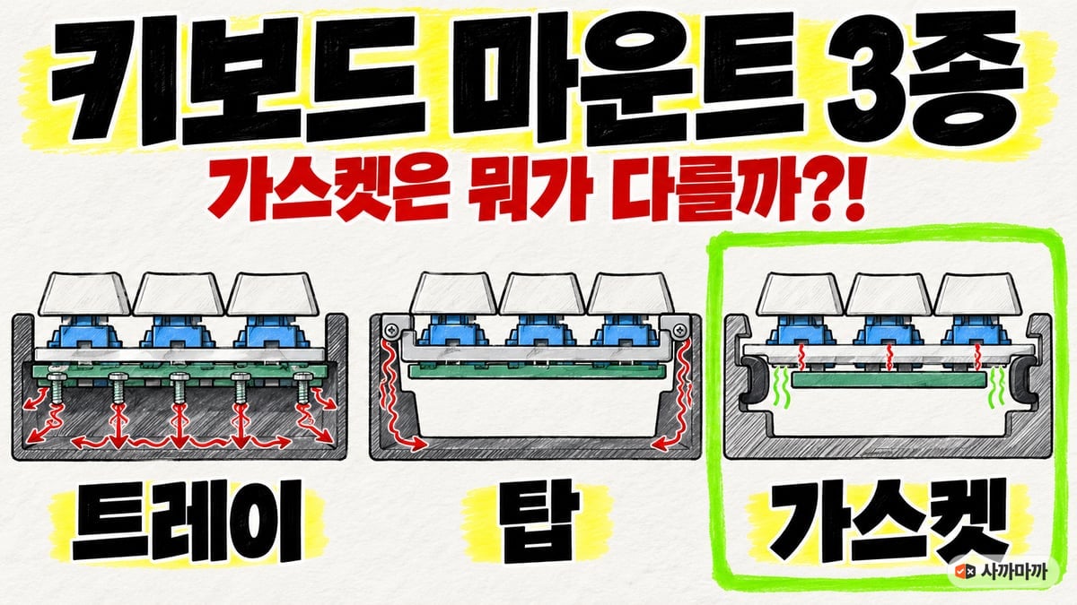 키보드 마운트 3종 단면 비교 — 트레이, 탑, 가스켓