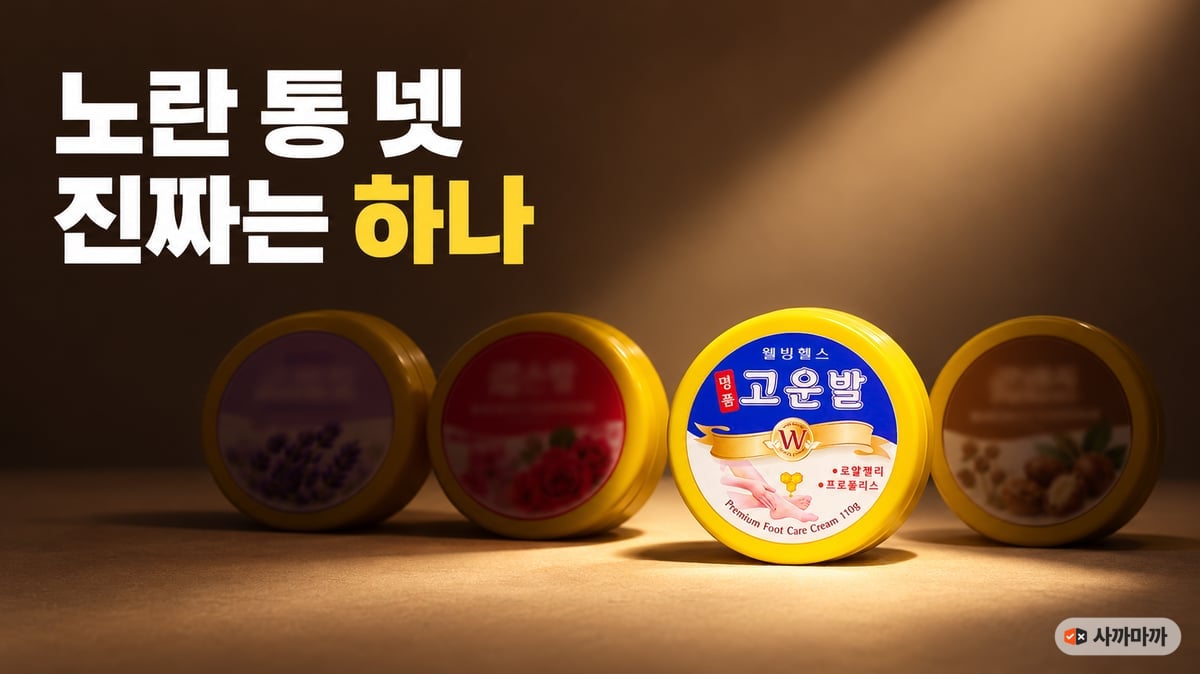 조명 아래 노란 뚜껑 풋크림 통 넷 가운데 파란 라벨의 웰빙헬스 명품 고운발 크림만 선명하게 놓인 모습