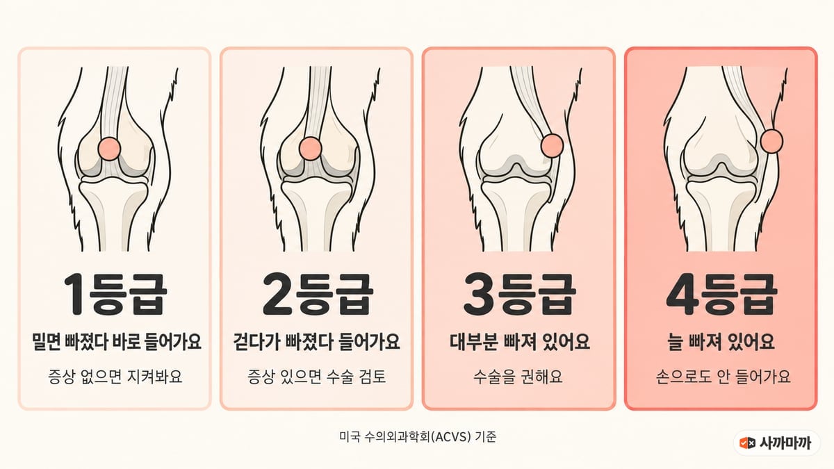 강아지 슬개골 탈구 1~4등급: 1등급 밀면 빠졌다 바로 들어감·증상 없으면 관찰, 2등급 걷다가 빠졌다 들어감·증상 있으면 수술 검토, 3등급 대부분 빠져 있음·수술 권장, 4등급 늘 빠져 있음