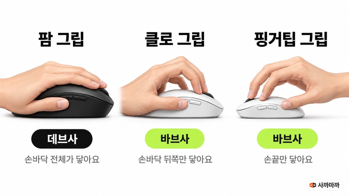 팜 그립·클로 그립·핑거팁 그립으로 마우스를 쥔 손 그림과 그립별 추천: 팜 그립은 데브사, 클로 그립과 핑거팁 그립은 바브사