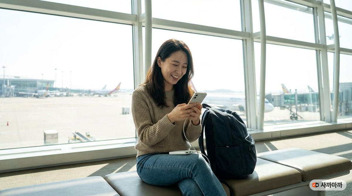 공항 게이트에서 보조배터리로 폰을 충전하며 미소 짓는 30대 한국 여성 여행자