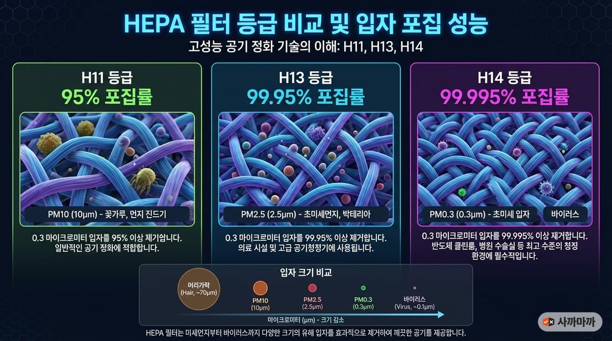 HEPA 필터 등급별 입자 포집 효율을 비교하는 인포그래픽, H10부터 U17까지 등급별 포집률과 입자 크기 기준을 시각화