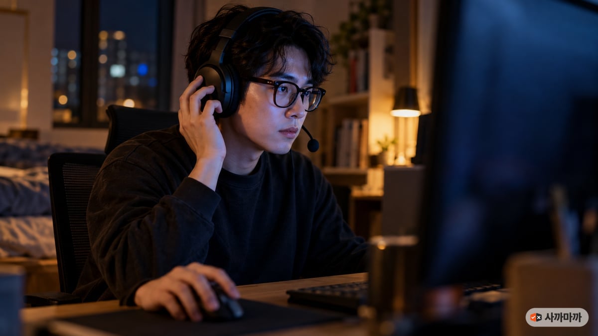 밤에 컴퓨터 책상 앞에서 안경을 쓴 30대 한국인 남성이 게이밍 헤드셋 이어컵을 손으로 누르며 발소리에 귀 기울이는 모습