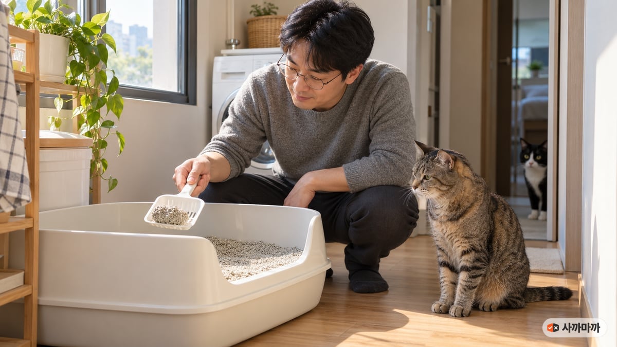30대 남성 집사가 고양이 화장실에서 굳은 모래 덩어리를 모래삽으로 떠 올리고 옆에서 노묘 고등어 태비가 지켜보는 모습