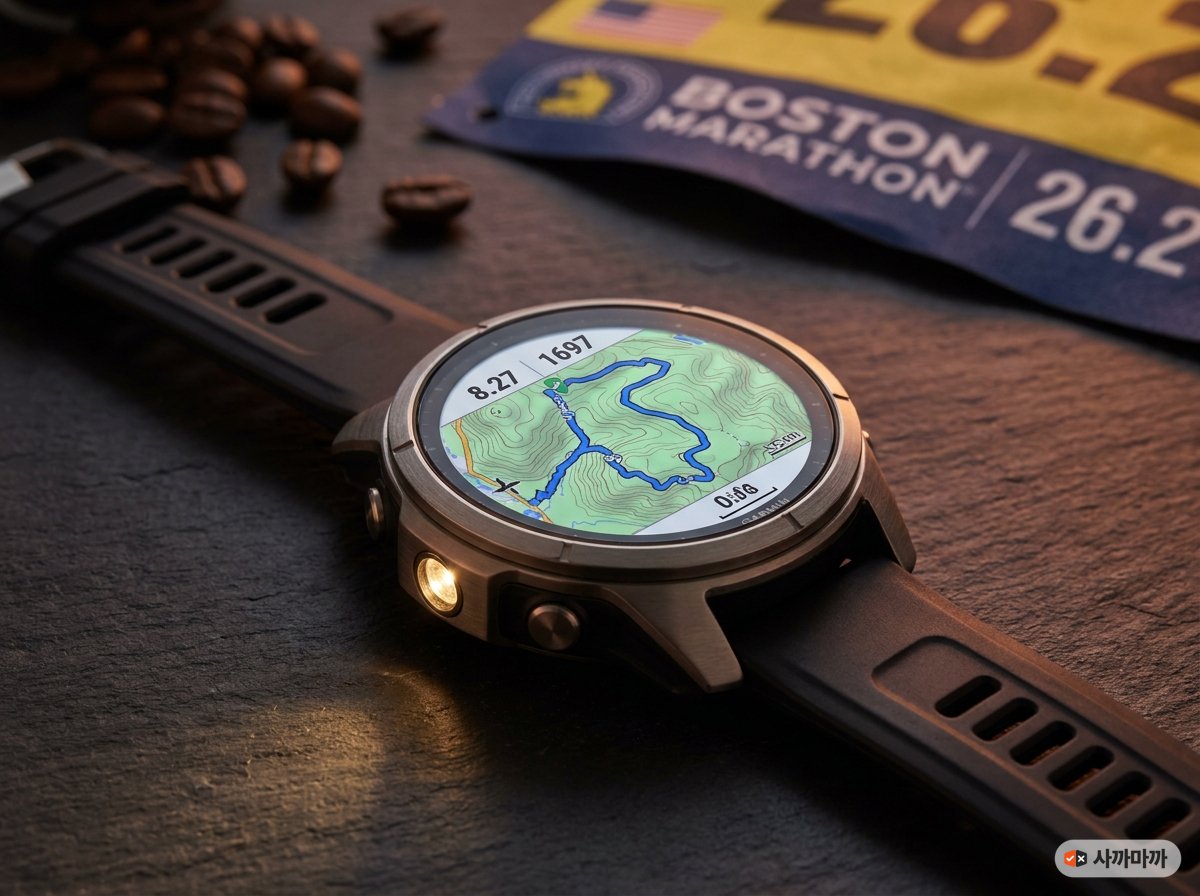 가민 포러너 970 플래그십 러닝 워치. 47mm 티타늄 베젤, 1.4인치 AMOLED에 지도와 GPS 경로 표시. 다크 슬레이트 서피스에 무디한 조명.
