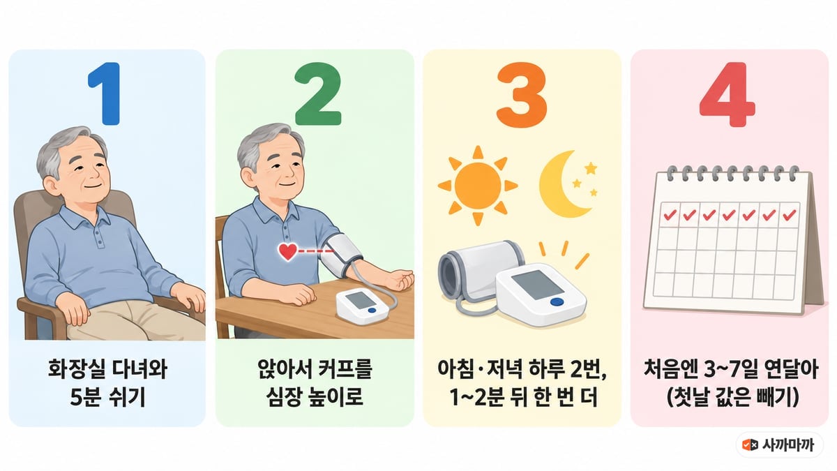대한고혈압학회 가정혈압 측정 순서 4단계: 화장실 다녀와 5분 쉬기, 앉아서 커프를 심장 높이로, 아침·저녁 하루 2번 1~2분 뒤 한 번 더, 처음엔 3~7일 연달아 재고 첫날 값은 빼기