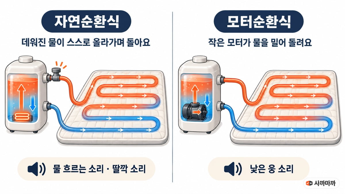 온수매트 보일러의 자연순환식과 모터순환식 비교 그림. 자연순환식은 데워진 물이 스스로 올라가며 돌고 물 흐르는 소리와 딸깍 소리가 나며, 모터순환식은 작은 모터가 물을 밀어 돌리고 낮은 웅 소리가 난다