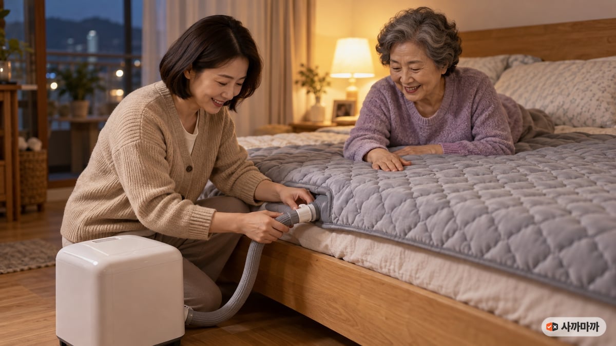 저녁 침실에서 40대 딸이 온수매트 호스 연결부를 확인하고 60대 어머니가 매트를 만져 보며 웃는 모습