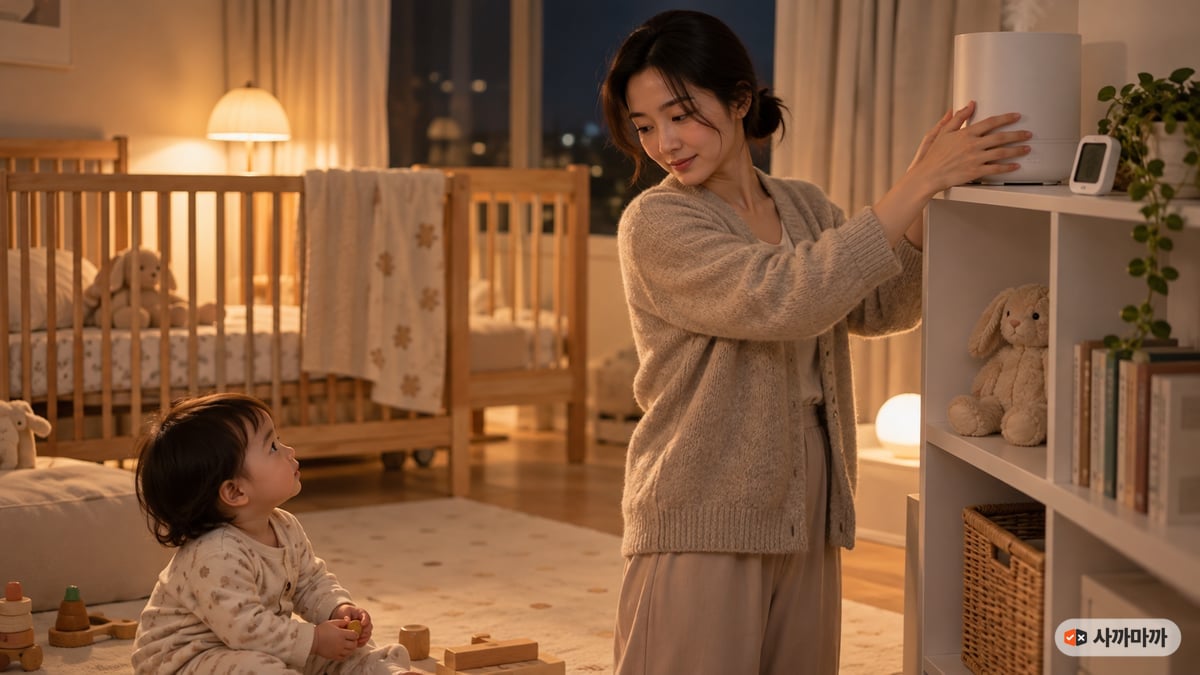 밤에 아기 방에서 30대 엄마가 가습기를 아이 손이 닿지 않는 높은 선반 위로 올리는 모습