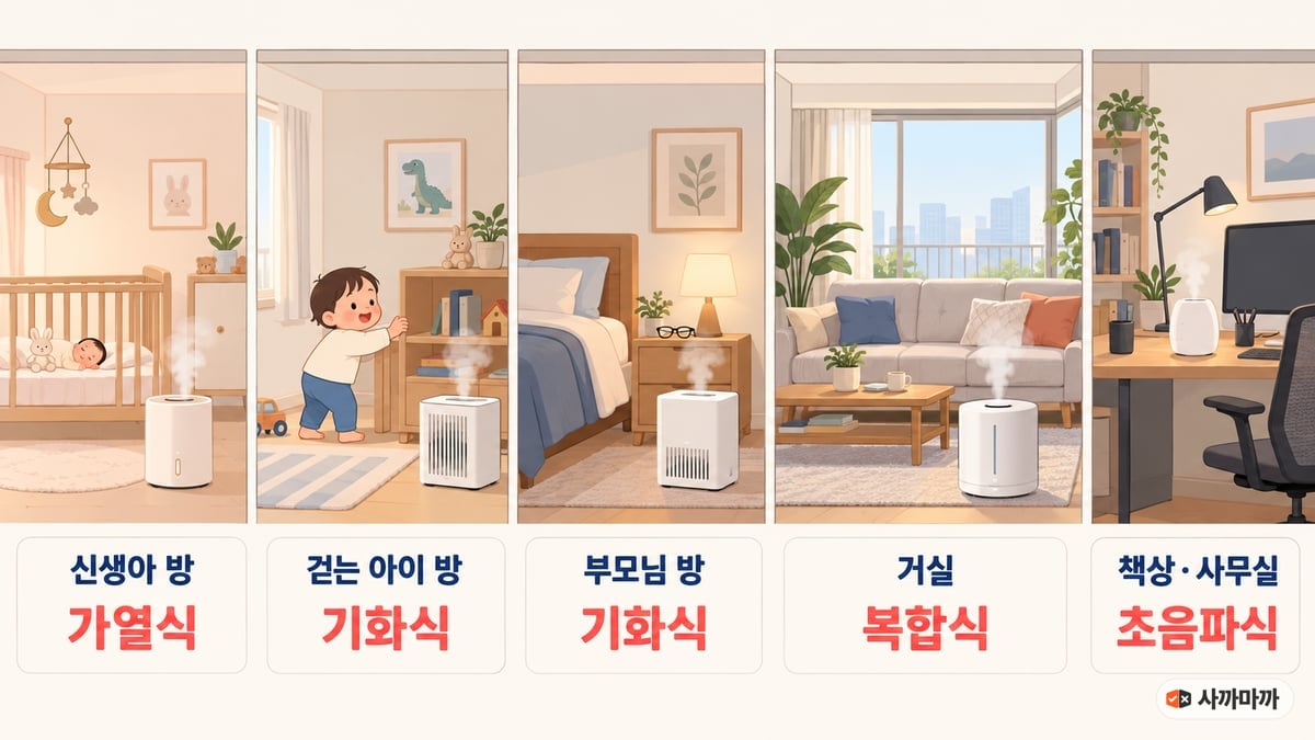 방별 가습기 종류 추천 그림. 신생아 방은 가열식, 걷는 아이 방은 기화식, 부모님 방은 기화식, 거실은 복합식, 책상과 사무실은 초음파식