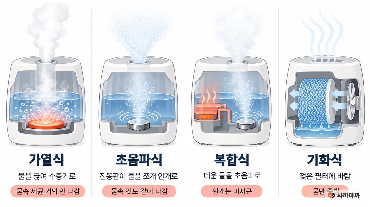 가습기 종류별 원리 그림. 가열식은 물을 끓여 수증기로 내보내 물속 세균이 거의 안 나가고, 초음파식은 진동판이 물을 쪼개 안개로 내보내 물속 것도 같이 나가며, 복합식은 데운 물을 초음파로 내보내 안개가 미지근하고, 기화식은 젖은 필터에 바람을 불어 물만 증발시킨다