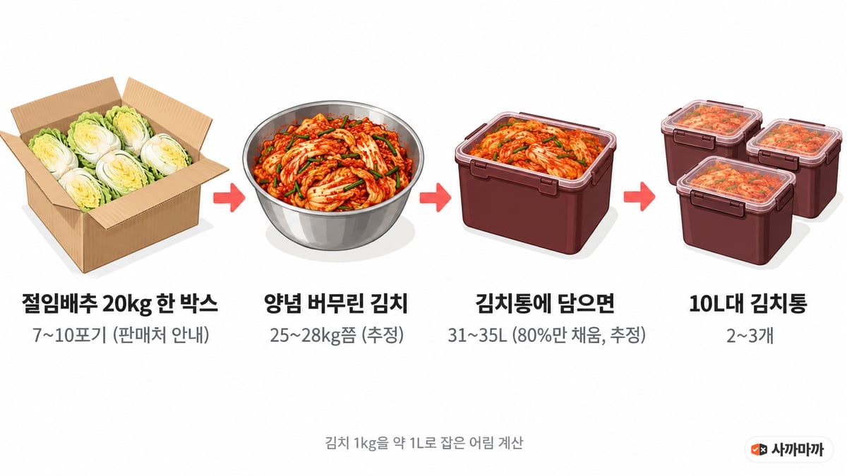 절임배추 20kg 한 박스 7~10포기, 양념 버무린 김치 25~28kg쯤, 김치통에 담으면 31~35L, 10L대 김치통 2~3개로 이어지는 계산 인포그래픽