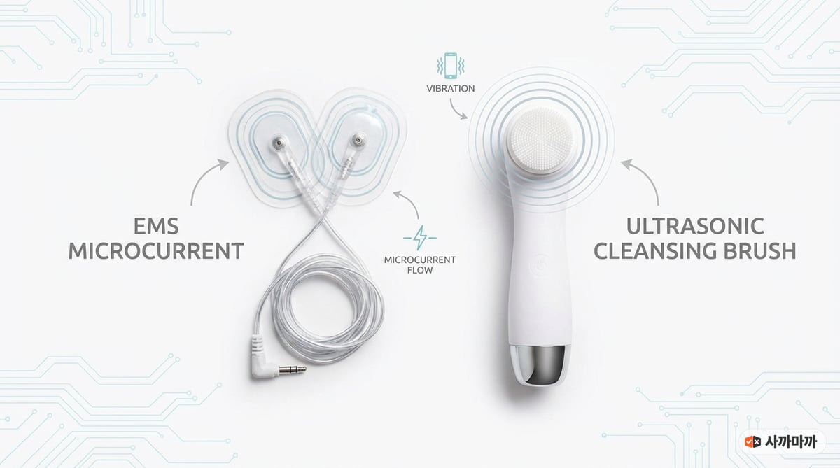 EMS 전극 패드와 초음파 클렌저 기술 도식 플랫레이