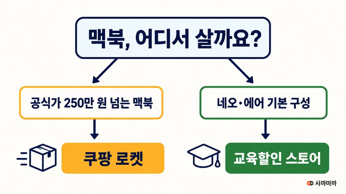 교육할인 자격이 있을 때 맥북 기준으로, 공식가 250만 원 넘는 구성은 쿠팡 로켓도 같이 보고 네오·에어 기본 구성은 교육할인 스토어로 가는 두 갈래 도해
