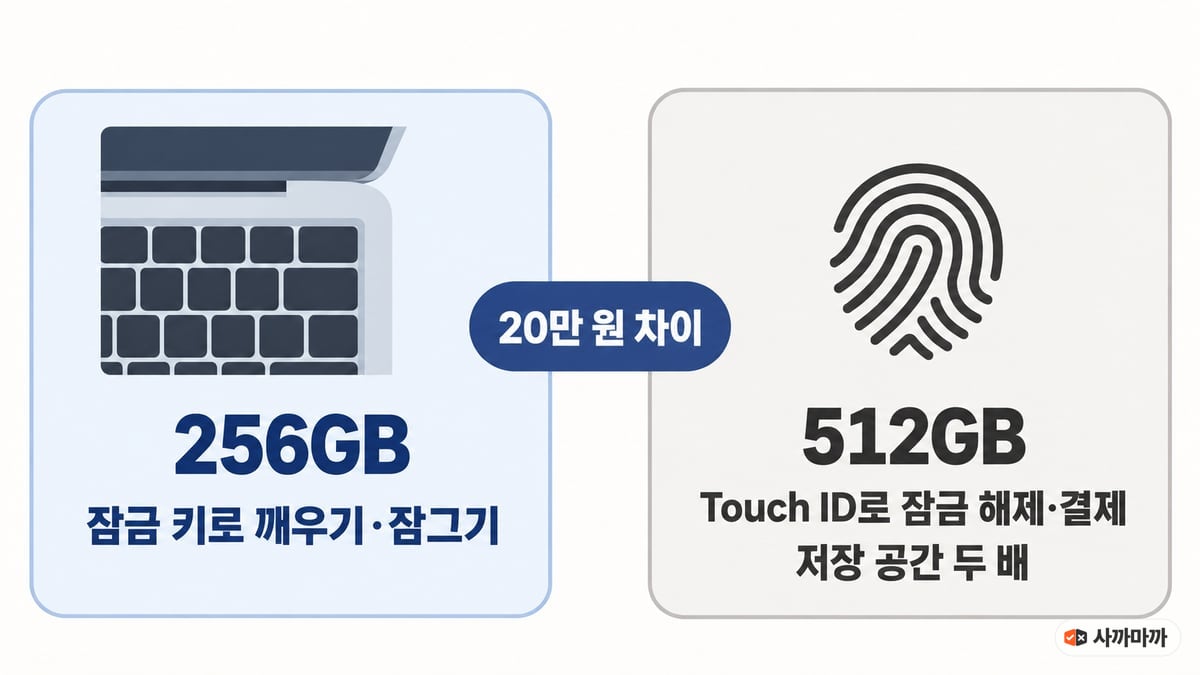 256GB는 지문 센서 없이 잠금 키로 맥을 깨우고 잠그며, 512GB는 Touch ID로 잠금 해제와 결제를 하고 저장 공간이 두 배라는 비교 도해