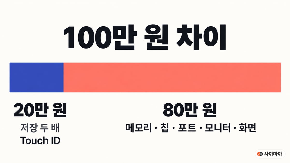 맥북 네오와 에어 M5의 공식가 차이 100만 원 가운데 20만 원은 네오 512GB로 올릴 때의 저장 공간과 지문 인식 값이고 80만 원은 메모리·칩·포트·외장 모니터·화면 차이라는 분해 도해