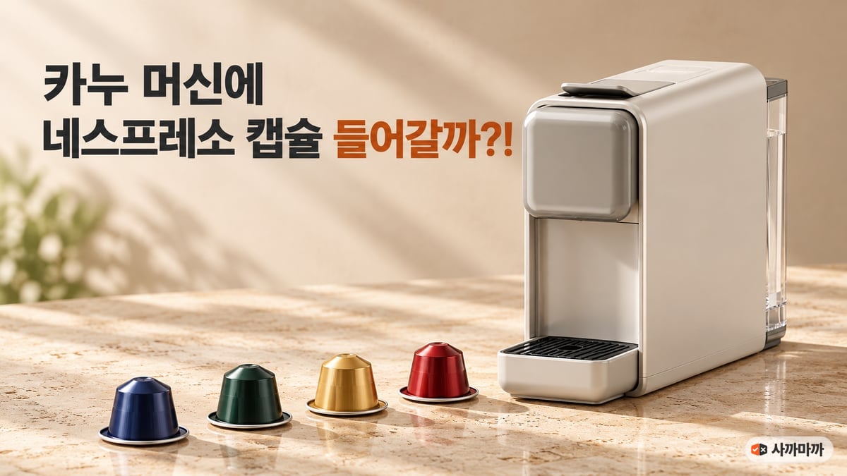 밝은 대리석 조리대 위 아이보리색 카누 바리스타 페블 머신 앞으로 빨강·금색·초록·남색 네스프레소 오리지널 캡슐 네 개가 줄지어 다가가는 장면, '카누 머신에 네스프레소 캡슐 들어갈까?!' 문구