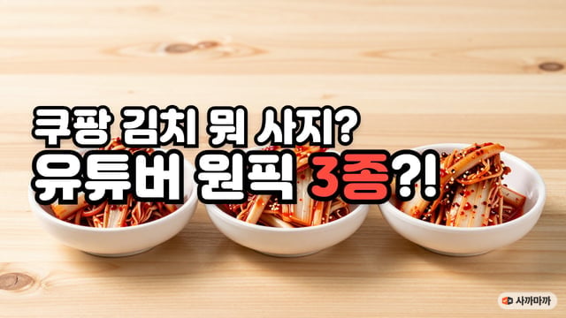 김치통에 담긴 포기김치 위에 쿠팡 김치 뭐 사지, 유튜버 원픽 3종이라는 글자