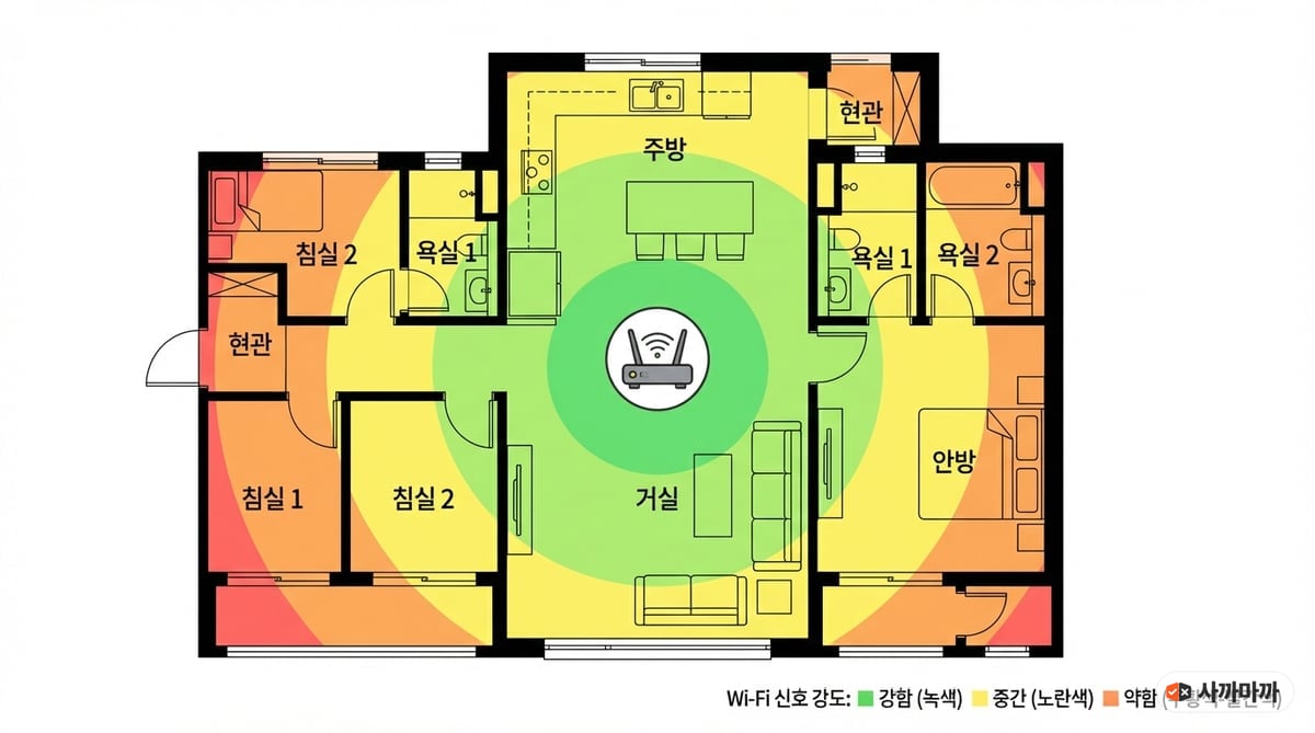 전형적인 한국 아파트 평면도에 와이파이 신호 강도를 색상별 히트맵으로 표시한 이미지. 거실 중앙에 공유기가 있고, 녹색(강함), 노란색(중간), 빨간색(약함)으로 신호 세기 표시