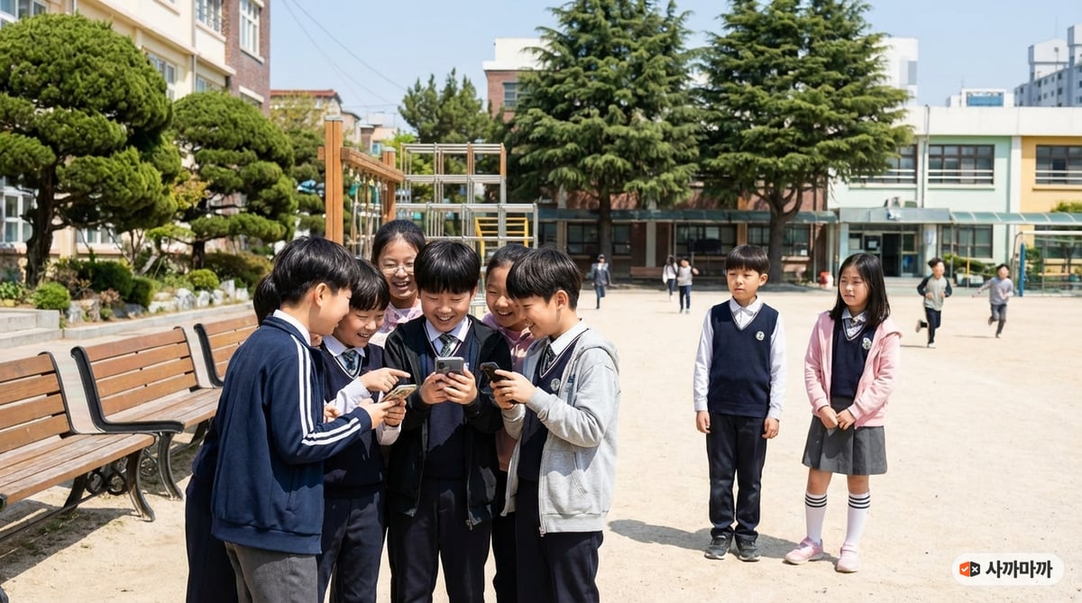 쉬는 시간에 스마트폰을 보는 초등학생들과 폰이 없어 소외된 아이들